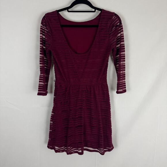 Lily Rose Burgundy Sheer Striped Dress with Scoop Neck, Medium Christmas Holiday - Picture 1 of 8